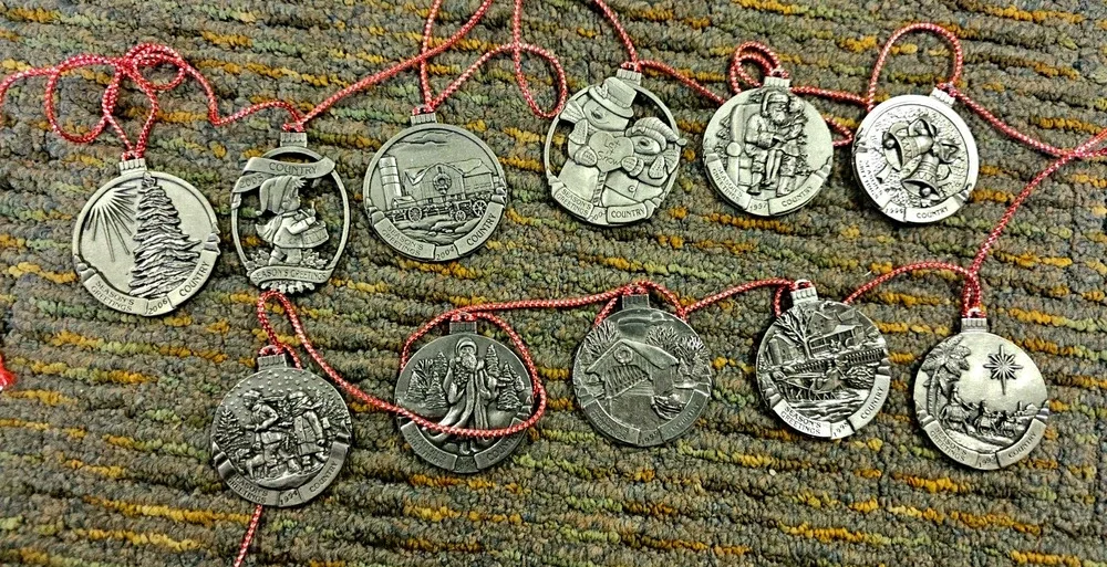 Set of 11 Country Promotional Pewter Christmas Ornament 1.75in Seasons Greetings